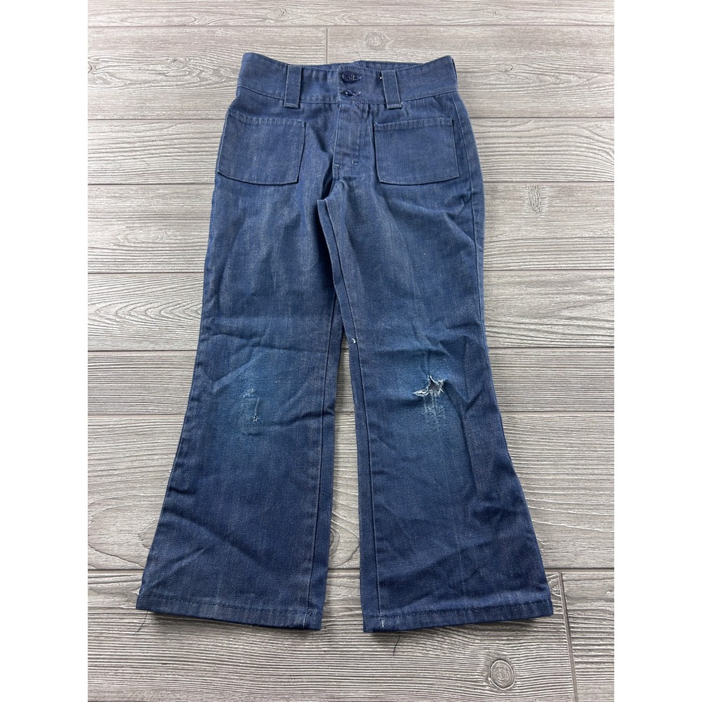Vintage Mann Kids Bell Bottom Jeans Dark Wash Denim Flare Pants 70s Distressed